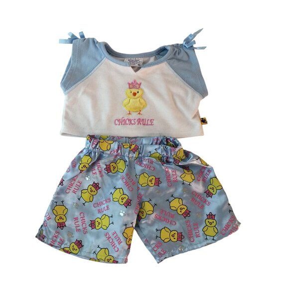 Build A Bear Clothes Blue Chicks Rule Pajamas Outfit Hen Crown Shirt Satin Pants - Picture 1 of 4